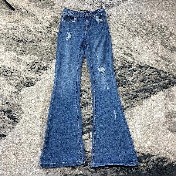 Indigo Rein Denim - Y2K Indigo Rein Bootcut Flared Jeans Sz 1/24 Blue Whiskering Denim Distressed